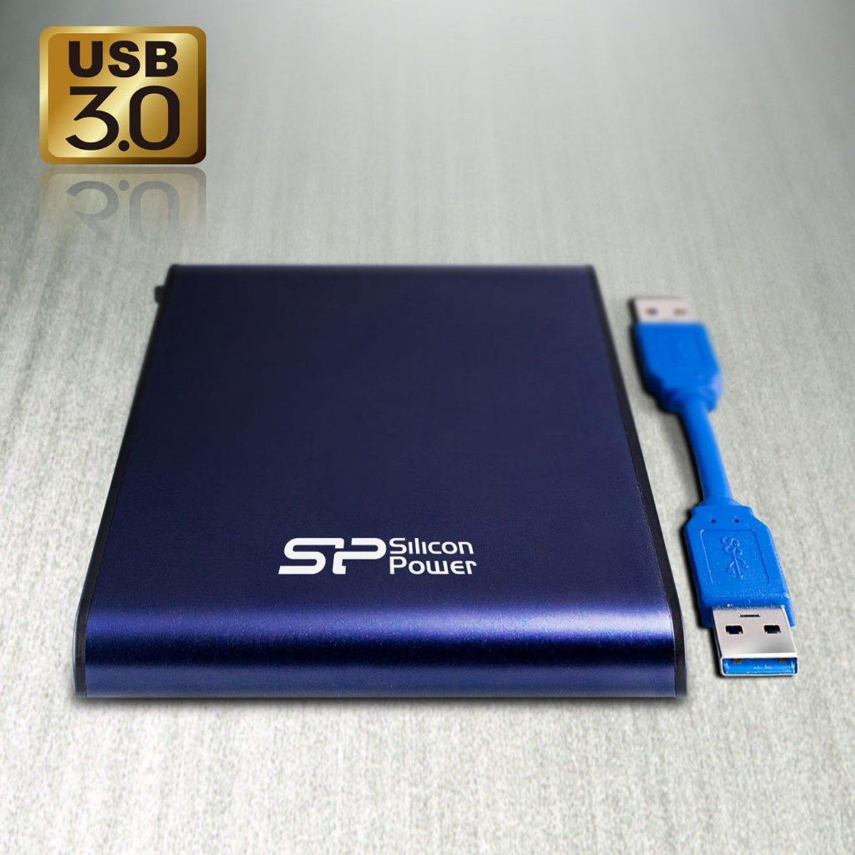 Disco duro externo azul oscuro Silicon Power con cable USB.