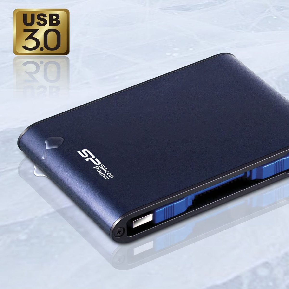 Un disco duro externo azul marino con el logotipo USB 3.0.