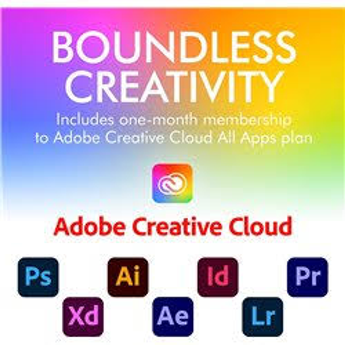 Kolorowa reklama Adobe Creative Cloud, z ikonami aplikacji pod tytułem.