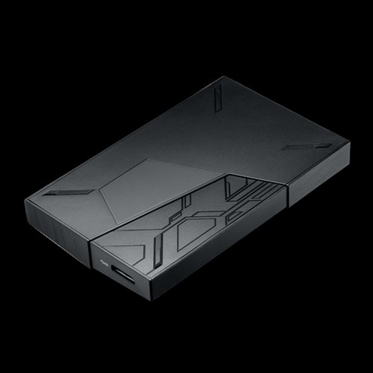 Czarny zewnętrzny dysk twardy o kanciastym designie, logo ROG i port USB.