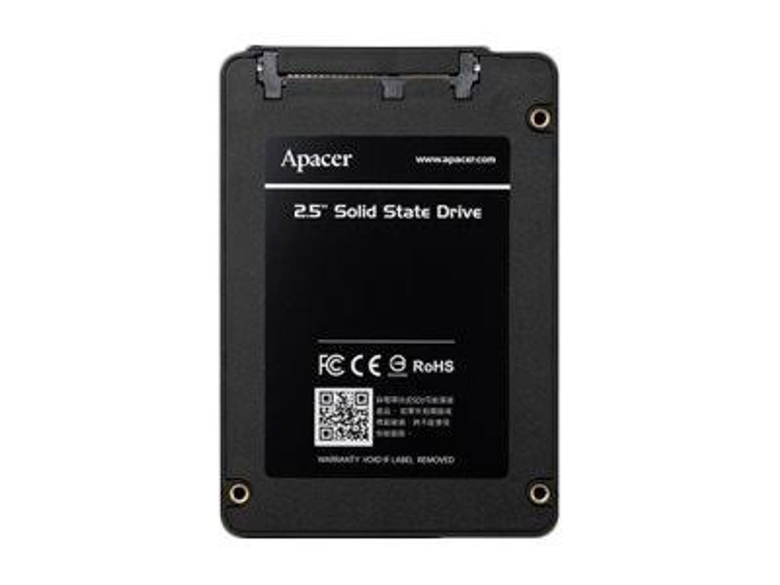 Siyah Apacer SSD sürücüsü. Metinli etiket. Beyaz arka plan.