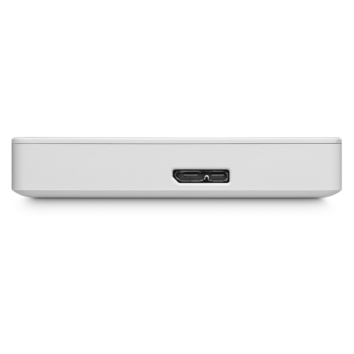 Weiße externe Festplatte mit USB-Anschluss, isoliert auf weißem Hintergrund.