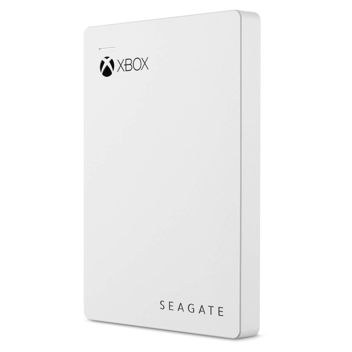 Weiße externe Festplatte von Seagate mit schwarzem Xbox-Logo.
