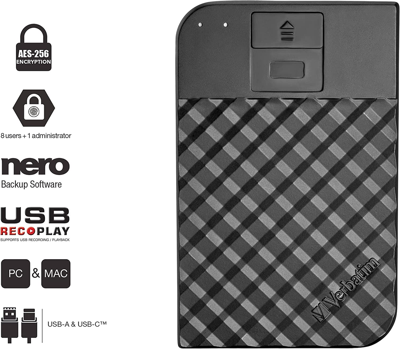 Czarny i szary zewnętrzny dysk twardy z logo i ikonami połączeń.