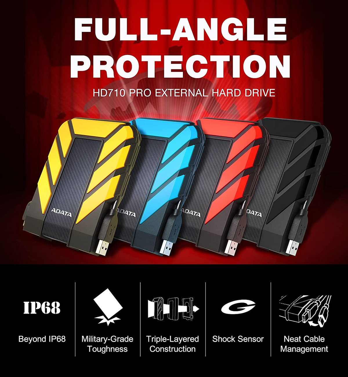 Cztery zewnętrzne dyski twarde ADATA HD710 Pro w różnych kolorach, z tekstem o trwałości.
