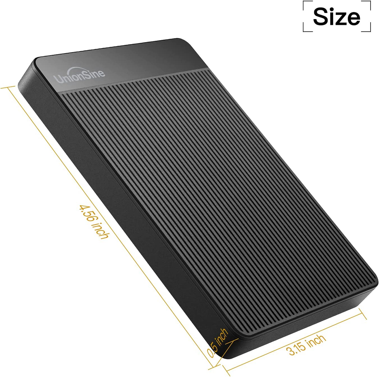 Disco duro externo negro con parte superior acanalada. Dimensiones: 4.56 x 3.15 x 0.5 pulgadas.
