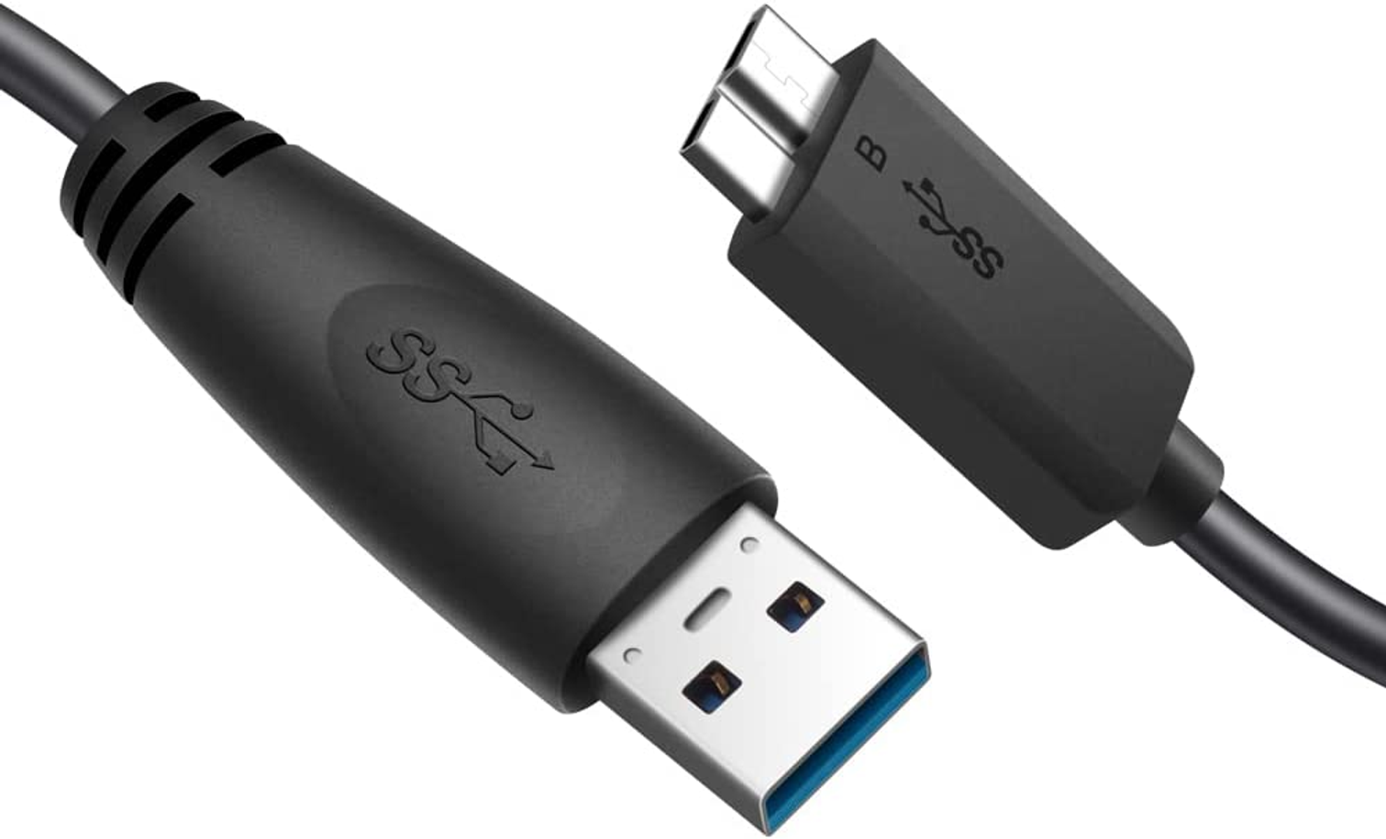 Cable USB con dos conectores: USB-A y USB-micro B. Cable negro con USB-A azul.