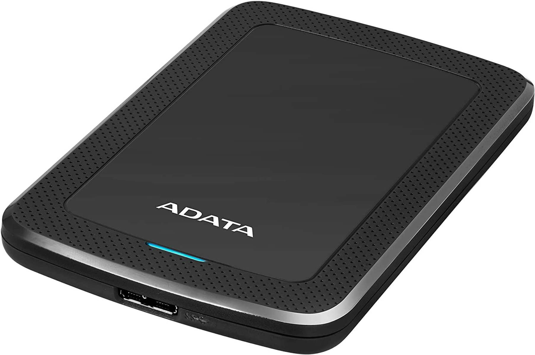Czarny zewnętrzny dysk twardy ADATA o teksturowanej powierzchni i niebieskim świetle.