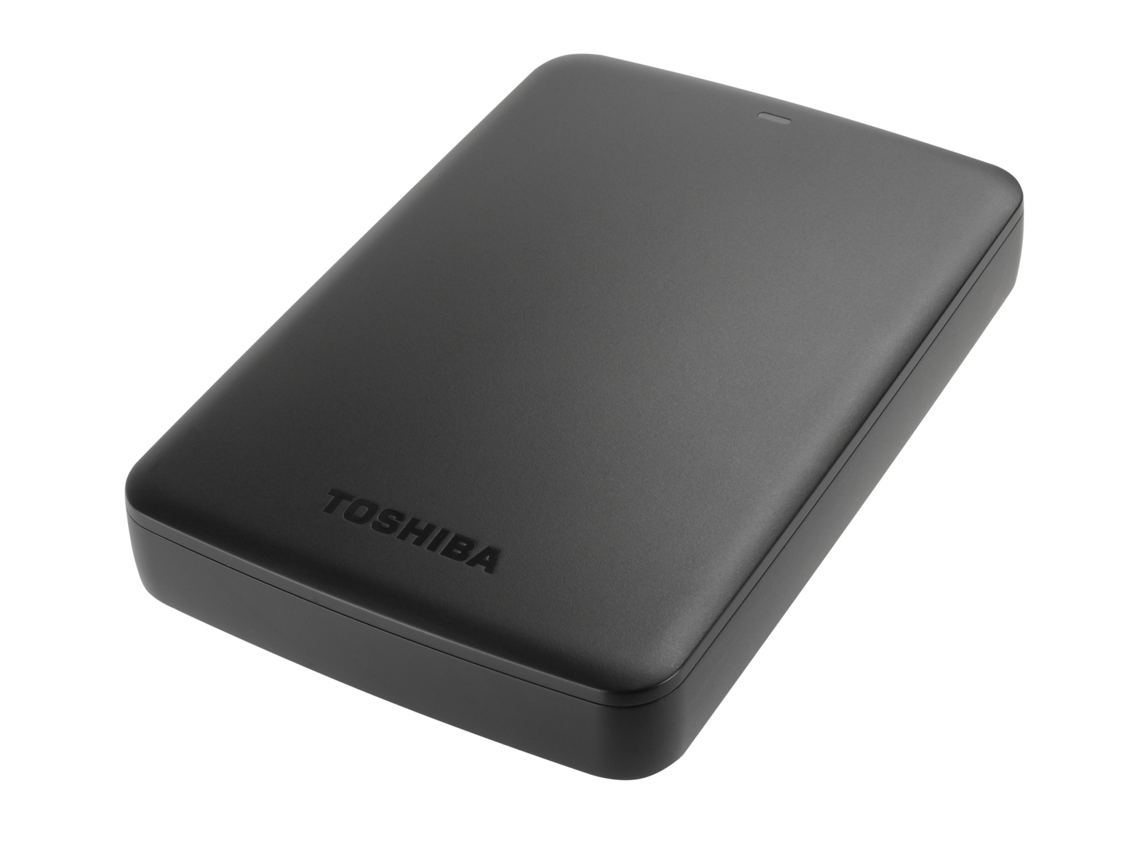 Disco rigido esterno Toshiba nero, forma rettangolare, logo Toshiba, design semplice.