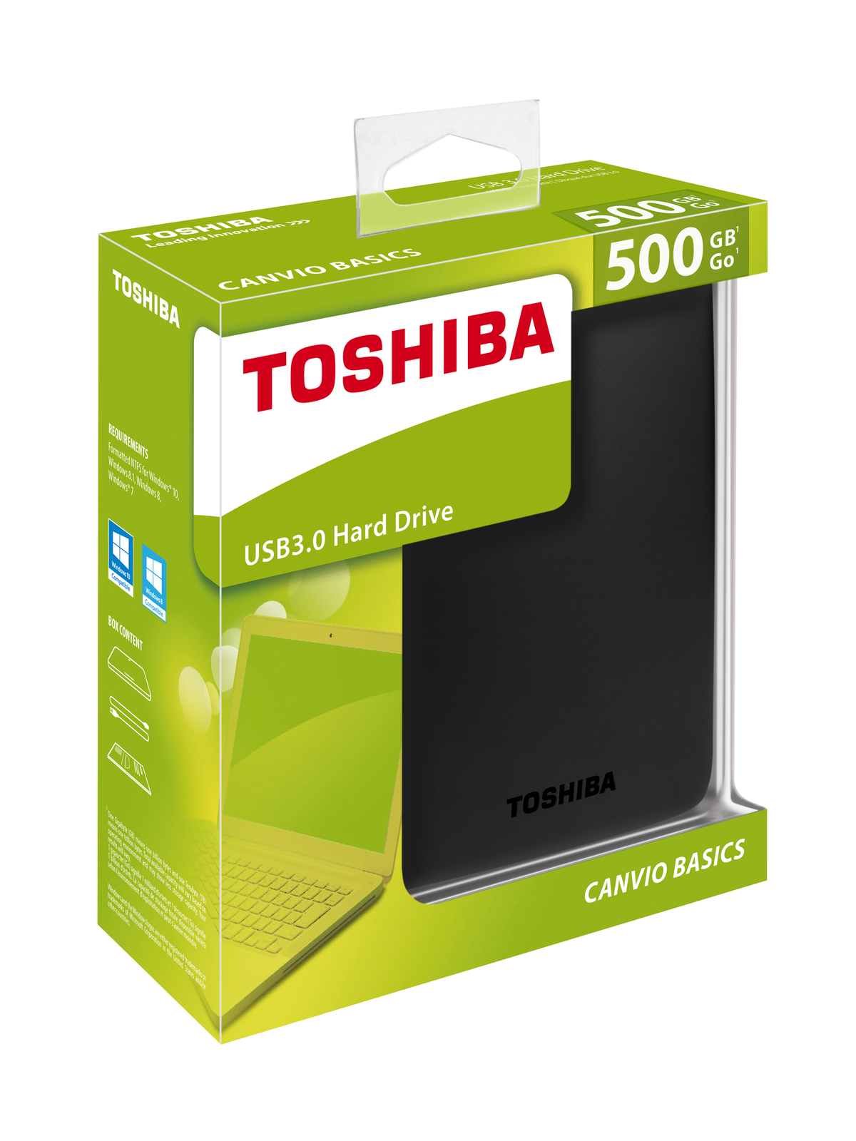 Scatola del disco rigido esterno Toshiba, verde e bianca, con grafica laptop.