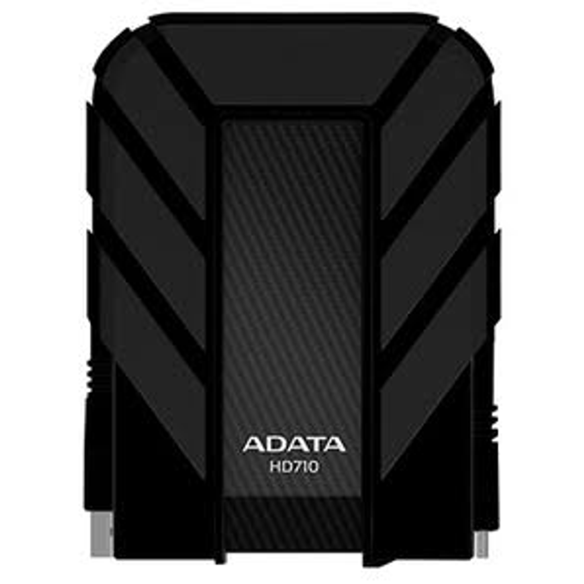 Czarny zewnętrzny dysk twardy z logo ADATA HD710 z przodu, widok z boku.