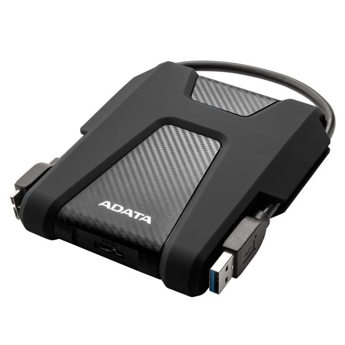 Black ADATA external hard drive with a USB cable attached, featuring a textured surface.