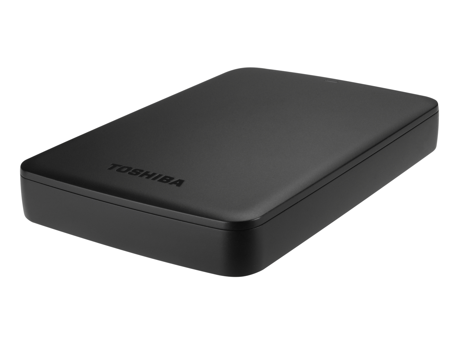 Un disco rigido esterno Toshiba nero, forma rettangolare, con il nome del marchio sopra.