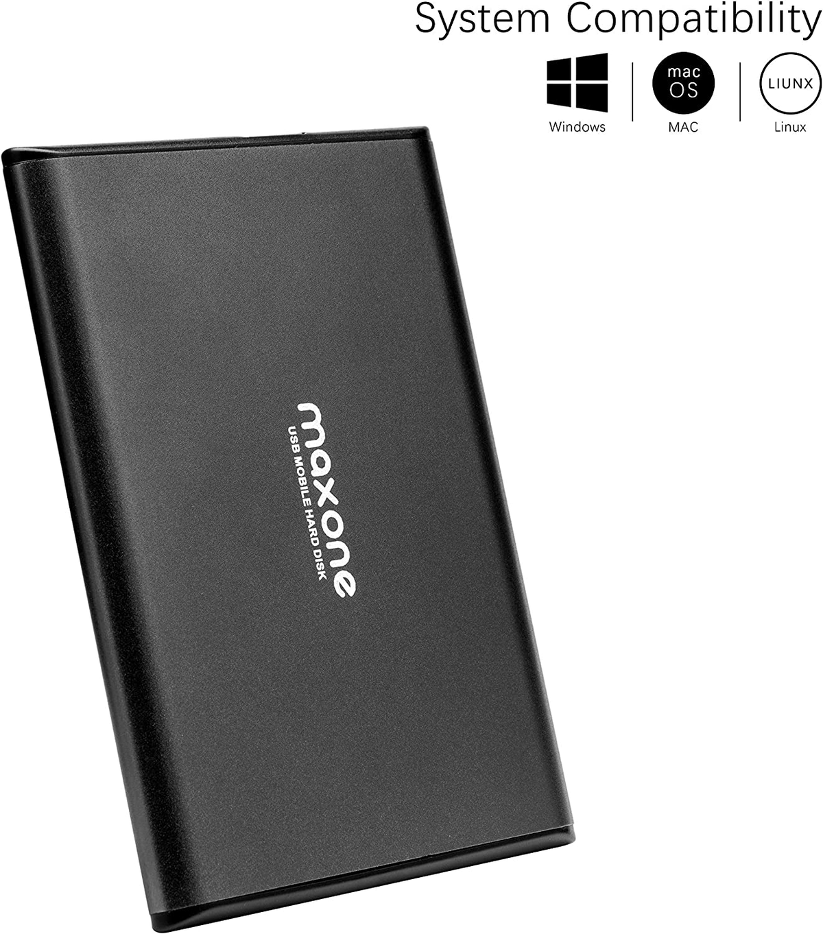 Disco rigido mobile USB Maxone nero. Loghi di compatibilità di sistema per Windows, Mac OS e Linux.
