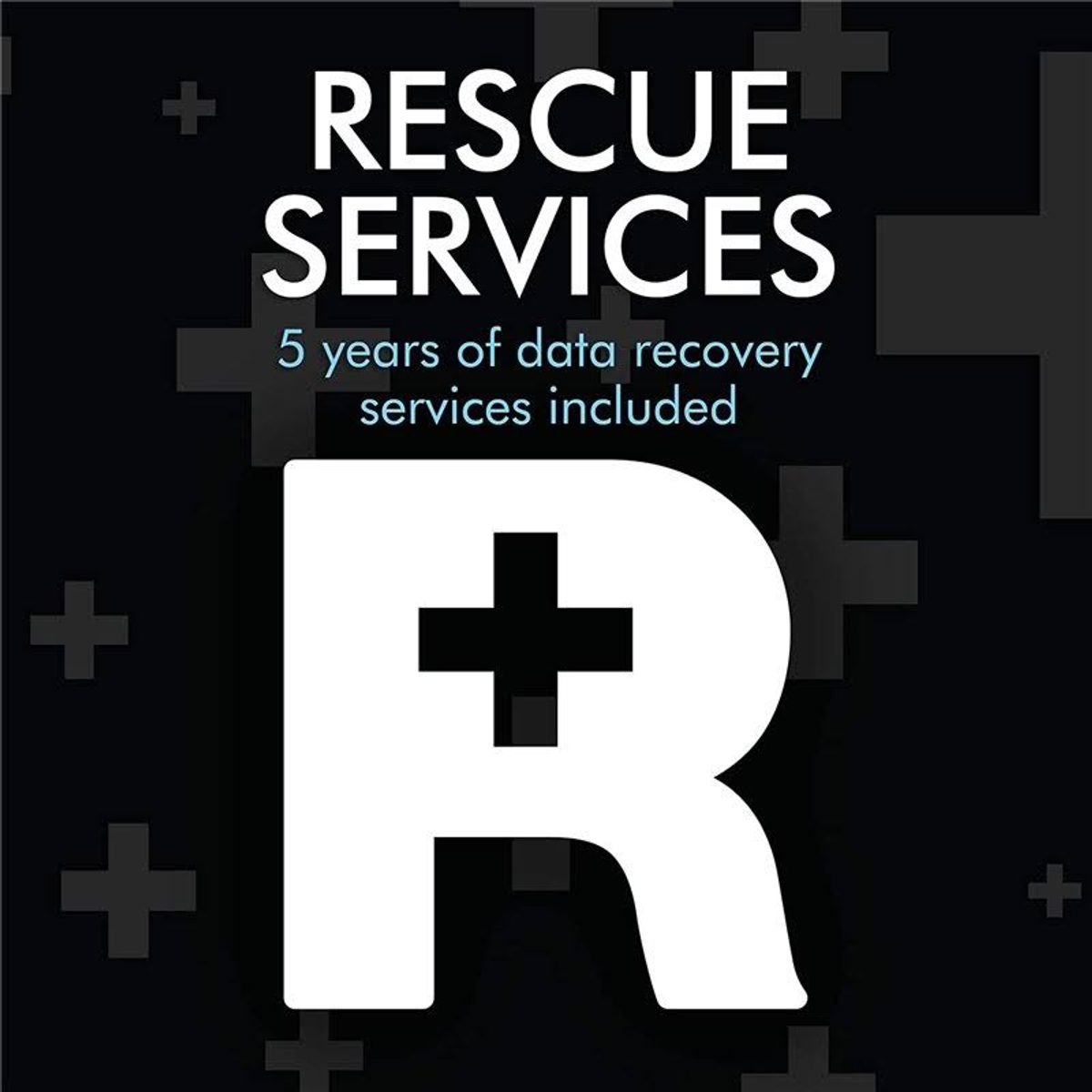 Obraz z tekstem: 'RESCUE SERVICES' i '5 lat usług odzyskiwania danych w zestawie'.