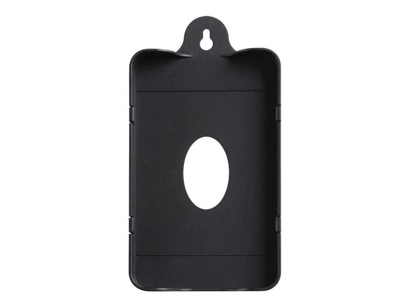 Czarny uchwyt do montażu na ścianie dla urządzeń elektronicznych, z owalnym wycięciem.