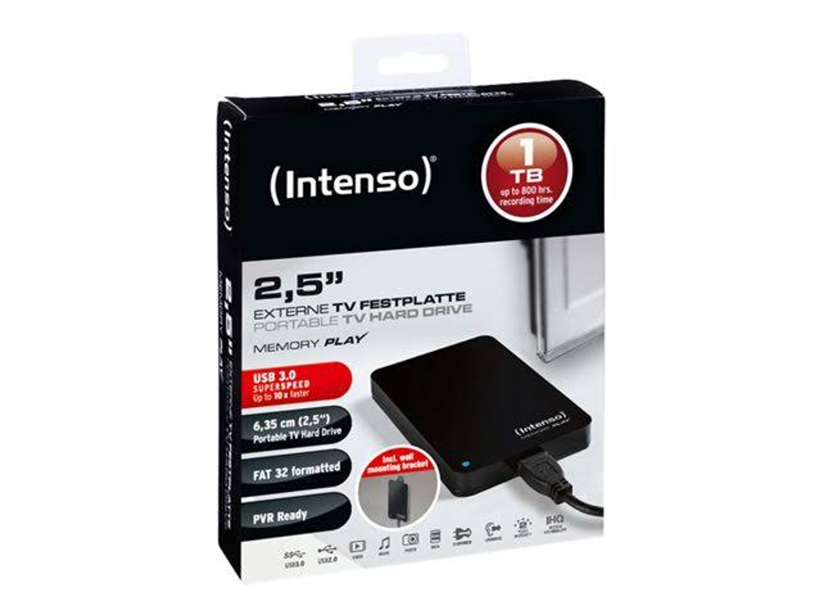 Czarno-białe pudełko zewnętrznego dysku twardego Intenso z funkcjami USB 3.0.