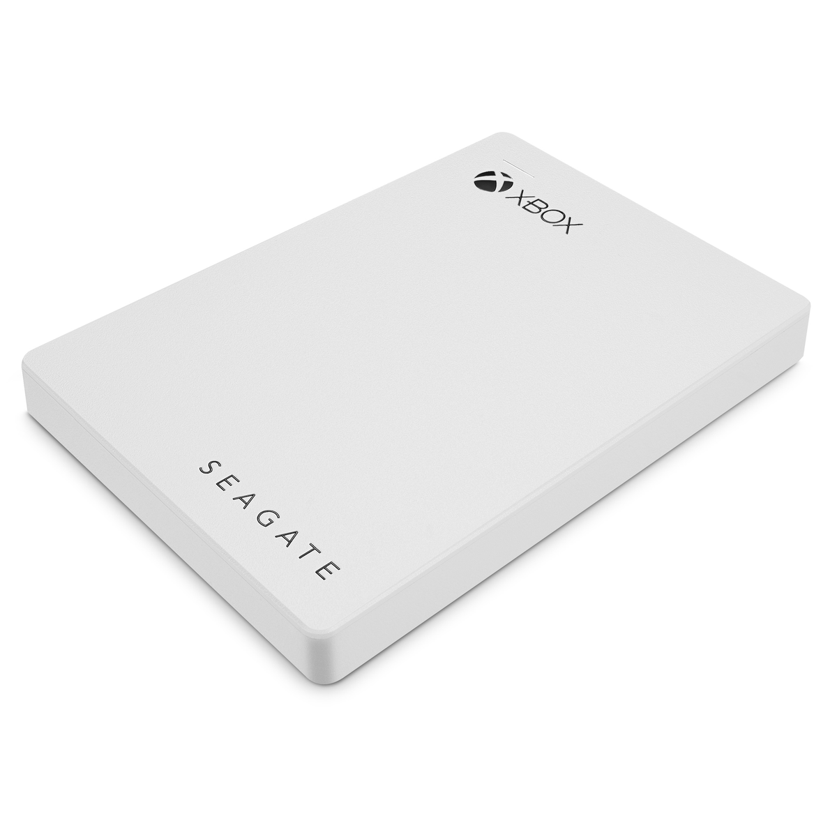 Weiße Seagate Xbox externe Festplatte. Schwarzes Xbox-Logo.