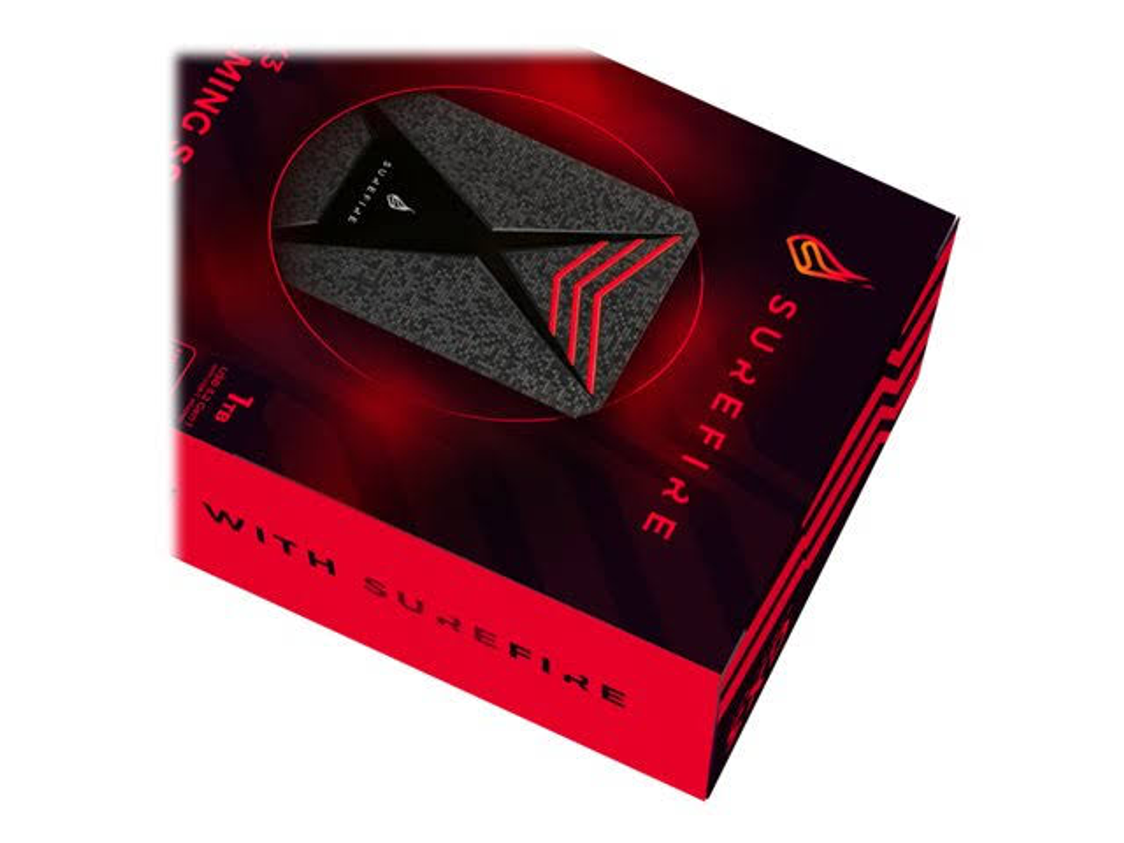 Pudełko na zewnętrzny dysk twardy Surefire z czarno-czerwonym wzorem na białym tle.