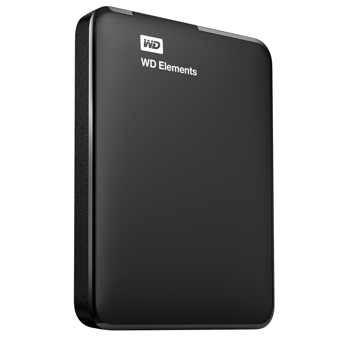 Disque dur externe WD Elements noir avec texte WD Elements, sur fond blanc.
