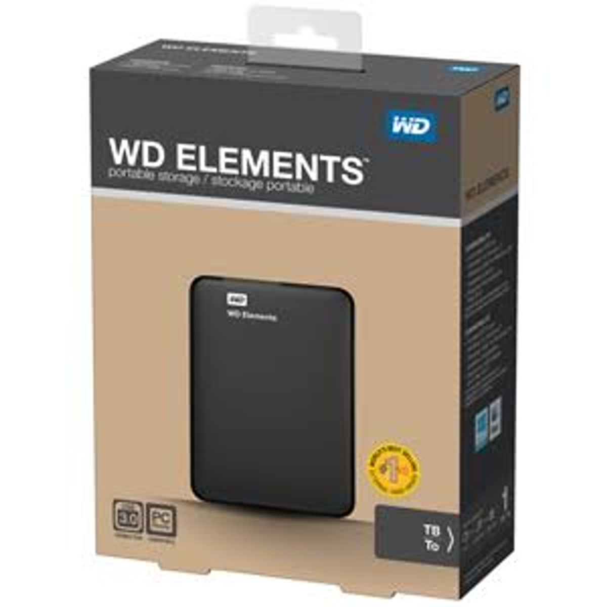 Disque dur externe WD Elements dans son emballage ; disque noir et boîte avec texte.