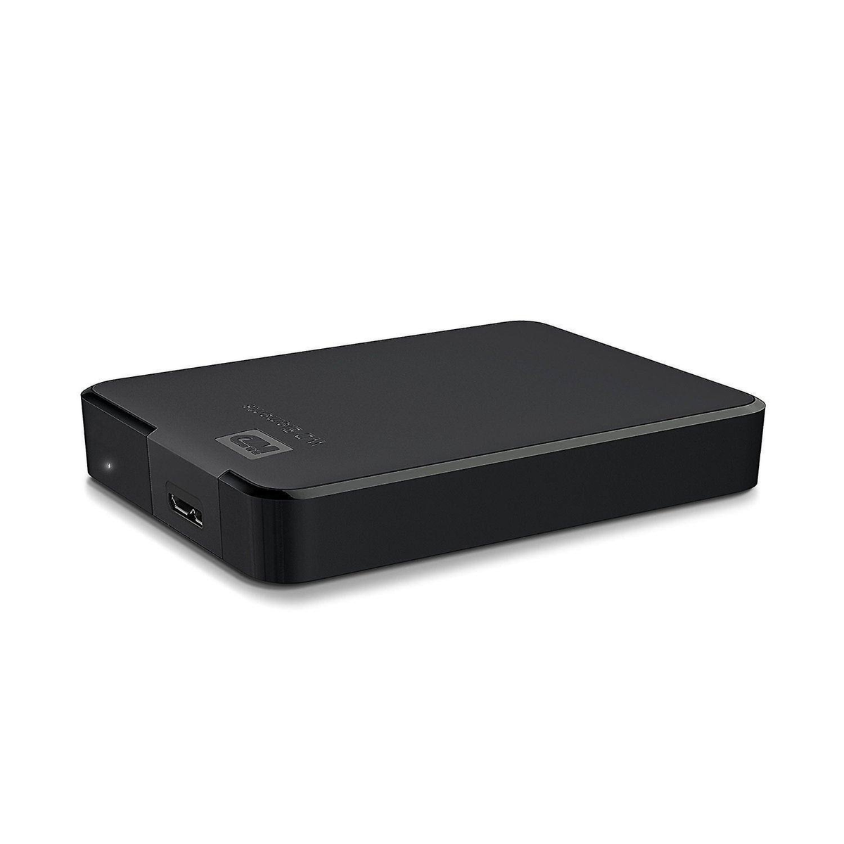 Disque dur externe noir, rectangulaire. Logo WD dessus. Orientation horizontale, fond blanc uni.
