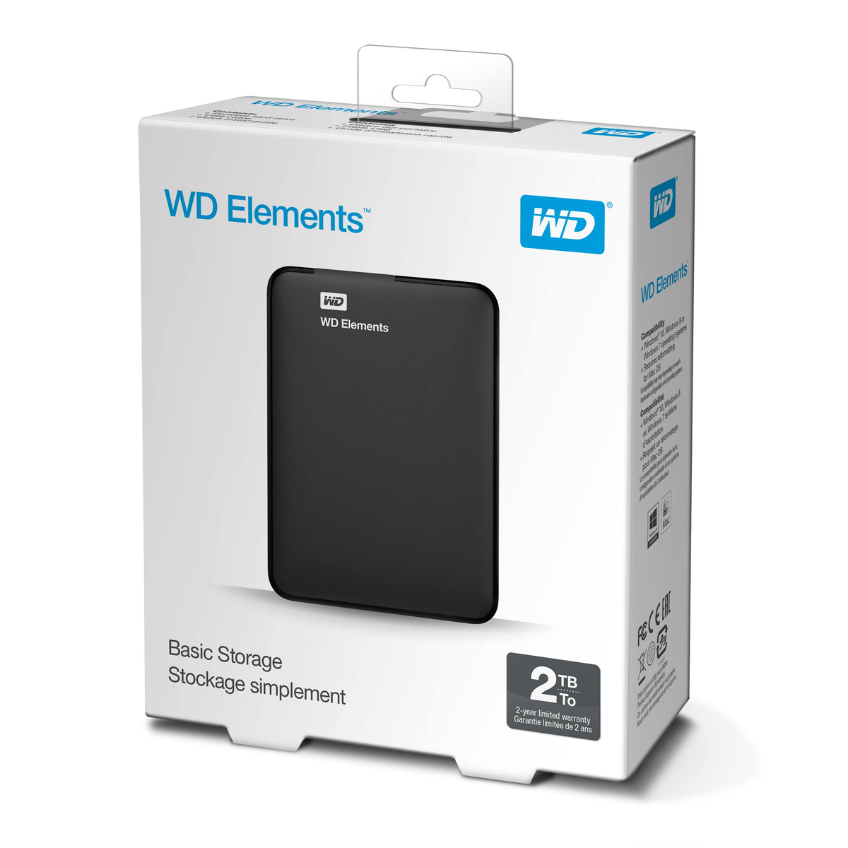Boîte blanche du disque dur externe WD Elements. Disque noir visible avec texte 2 To.
