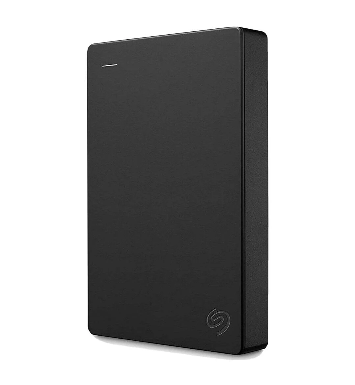 Eine schwarze externe Festplatte von Seagate, isoliert auf weißem Hintergrund.