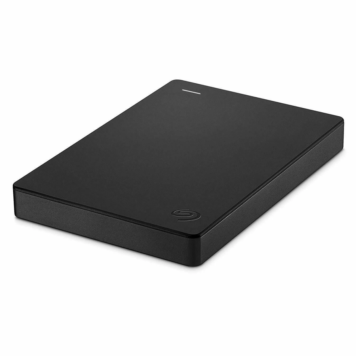 Schwarze externe Seagate-Festplatte mit schlichtem Design. Sie hat ein kleines Licht und das Seagate-Logo.