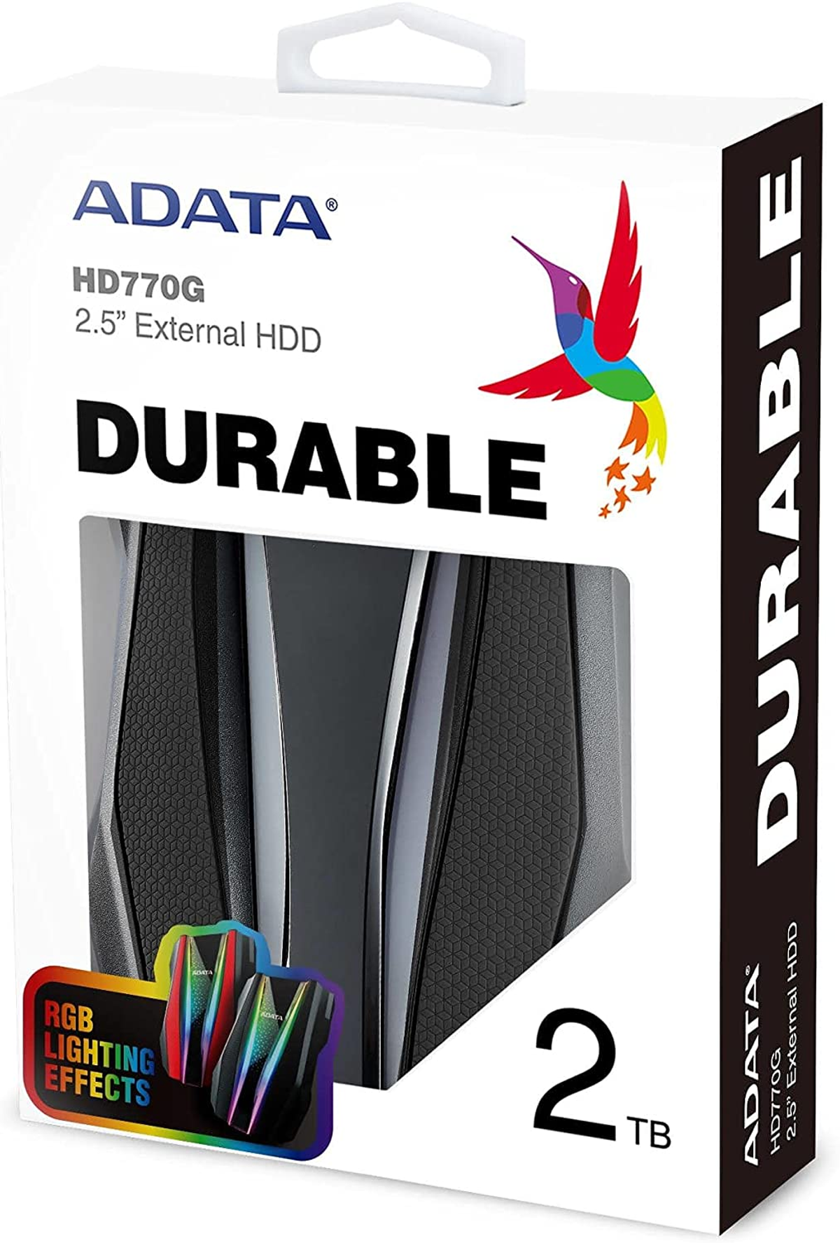 Pudełko zewnętrznego dysku twardego ADATA. Czarno-białe. Kolorowe akcenty i tekst.