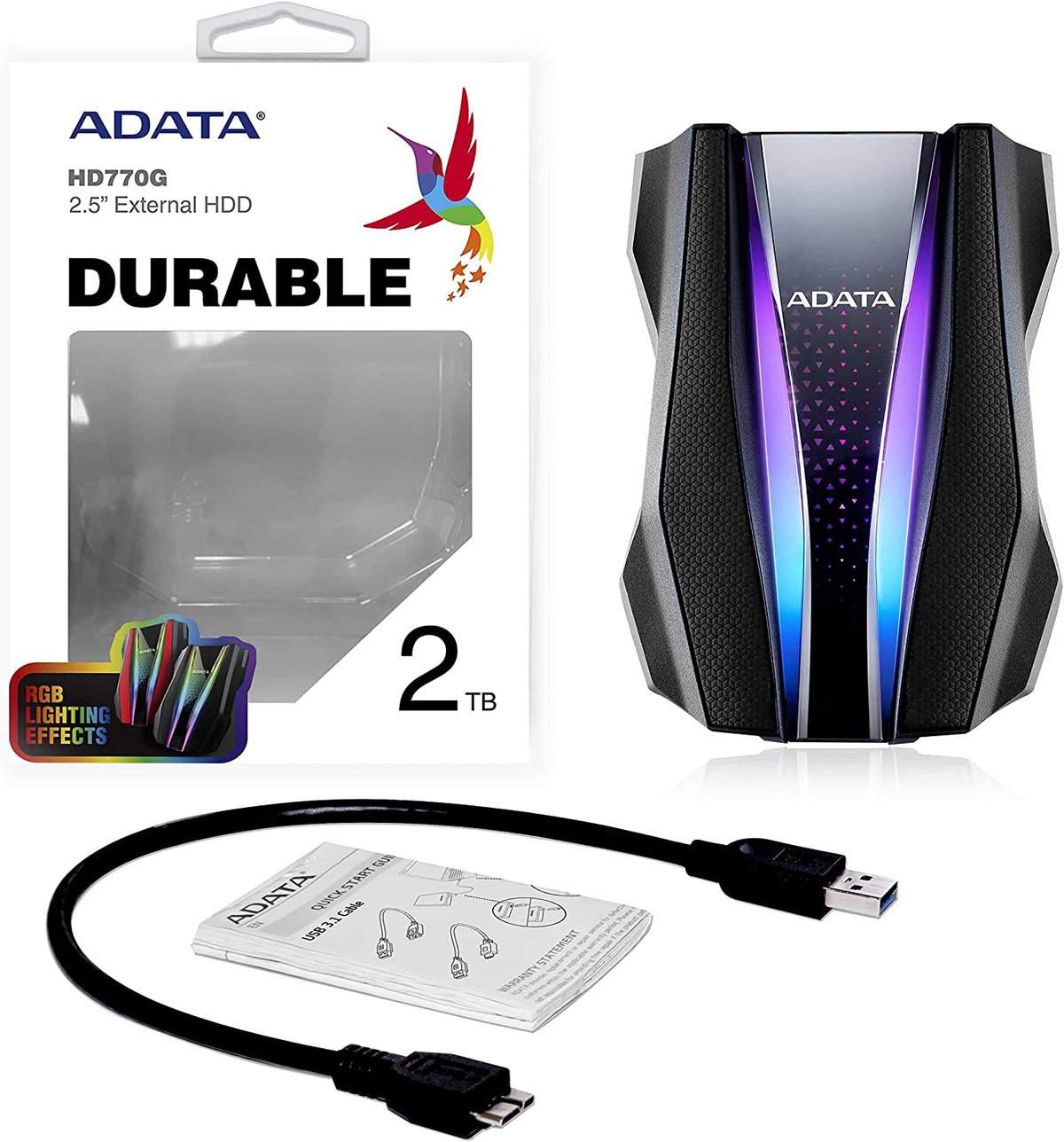 Zewnętrzny dysk twardy ADATA HD770G z opakowaniem, kablem i instrukcją obsługi.