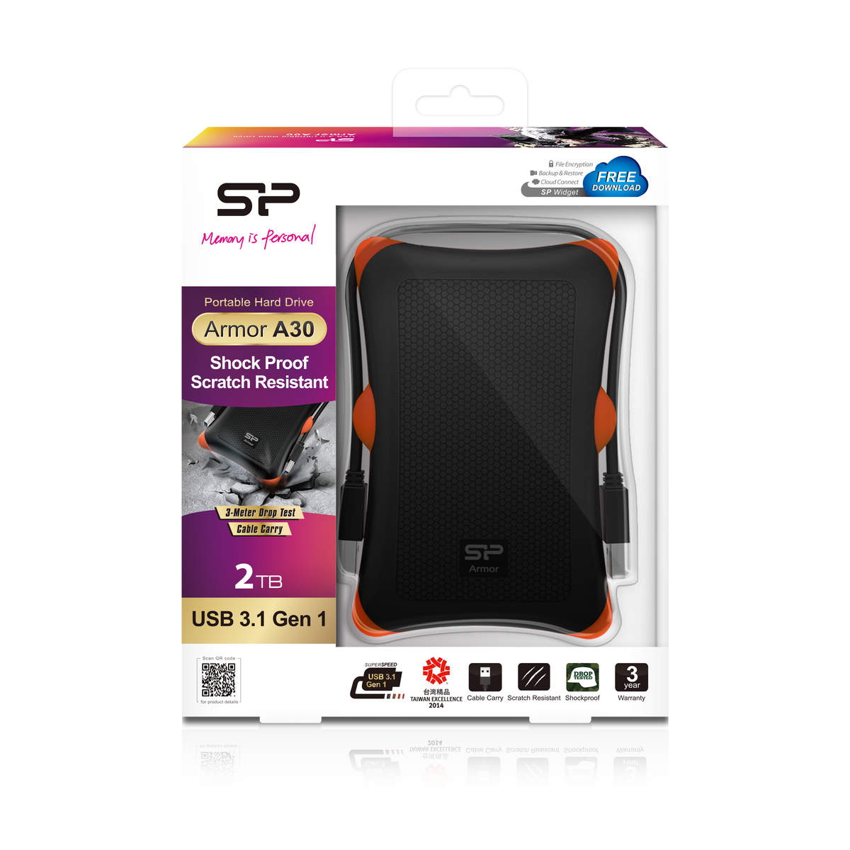 Tragbare Festplatte in einer Box. Schwarz und orange, mit Logos und Text.