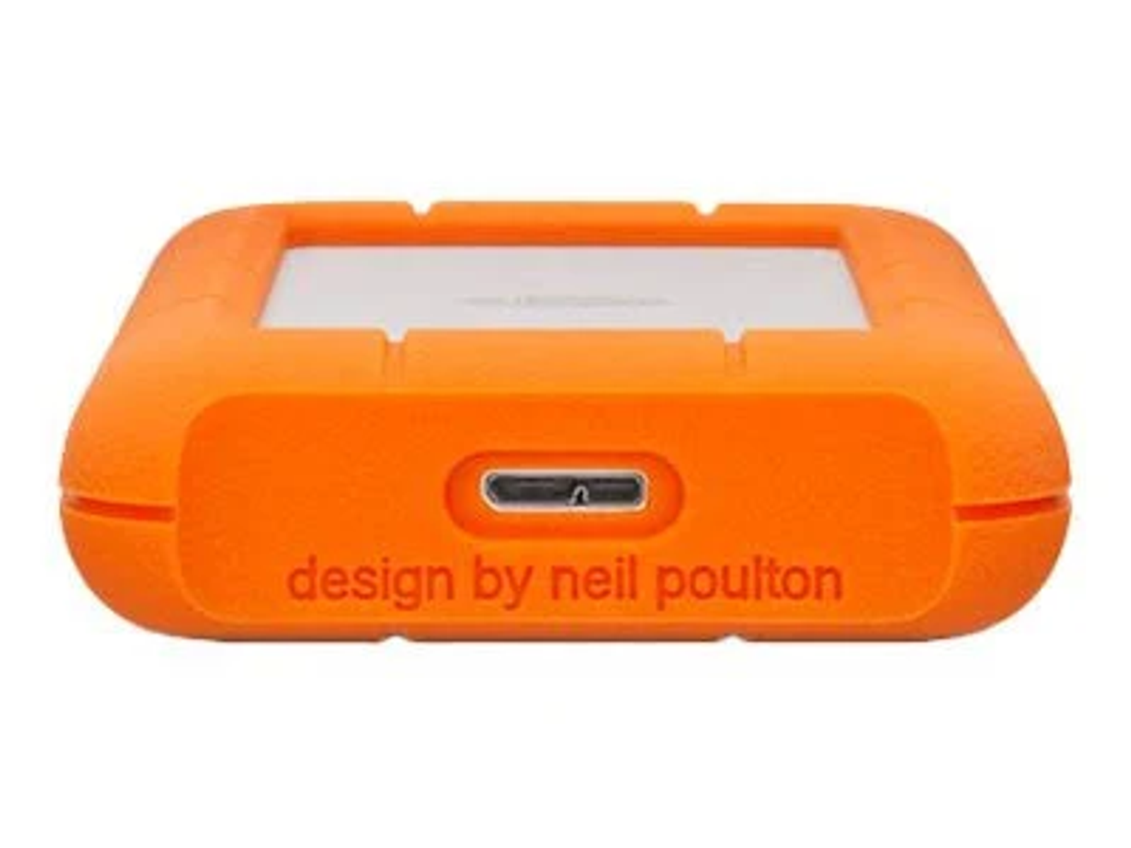 An orange external hard drive with a USB port, and the words 'design by neil poulton'.