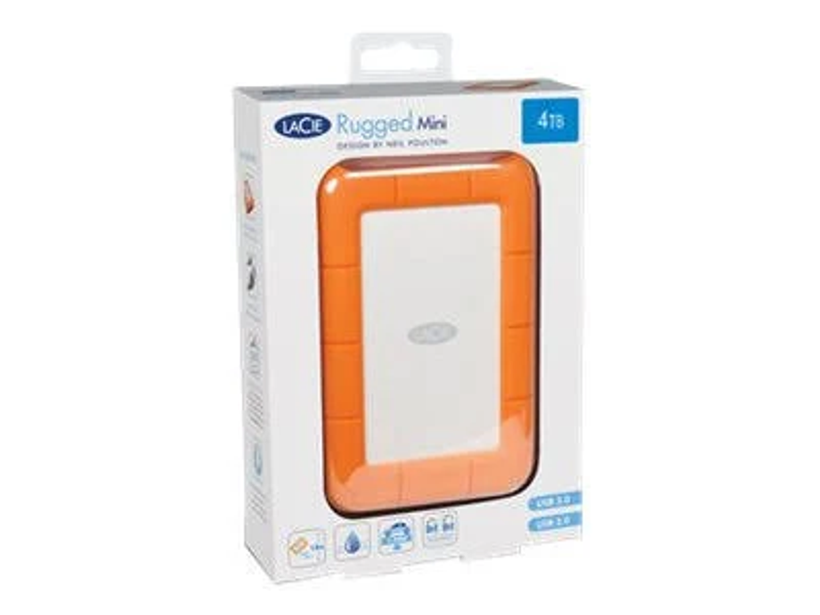 A white and orange hard drive box with a LaCie Rugged Mini drive inside.