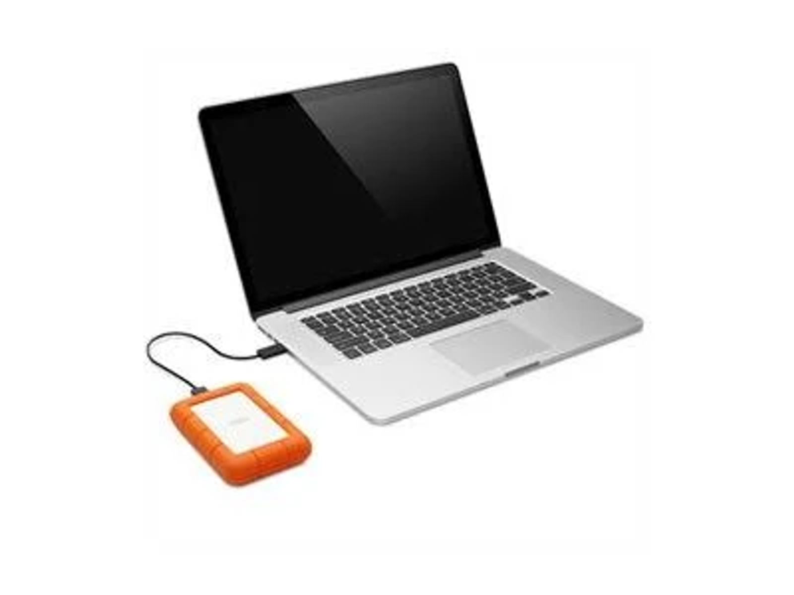 A laptop connected to a orange hard drive. The laptop is open, the hard drive is beside it.