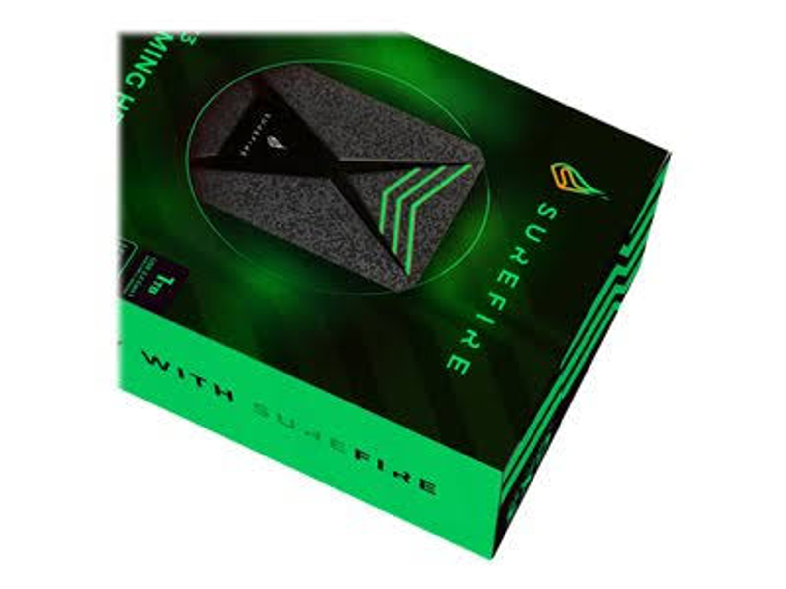 Zielone i czarne pudełko dysku zewnętrznego z logo SureFire i oznaczeniem 1TB.