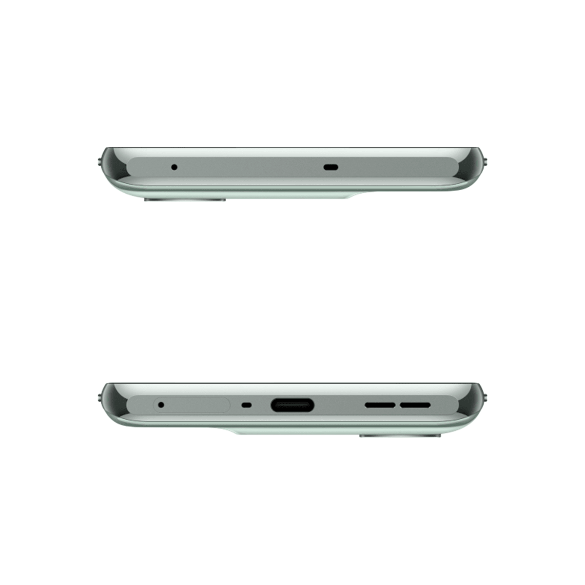 Oben- und Untenansicht eines mintgrünen Smartphones mit Anschlüssen und Lautsprechern.