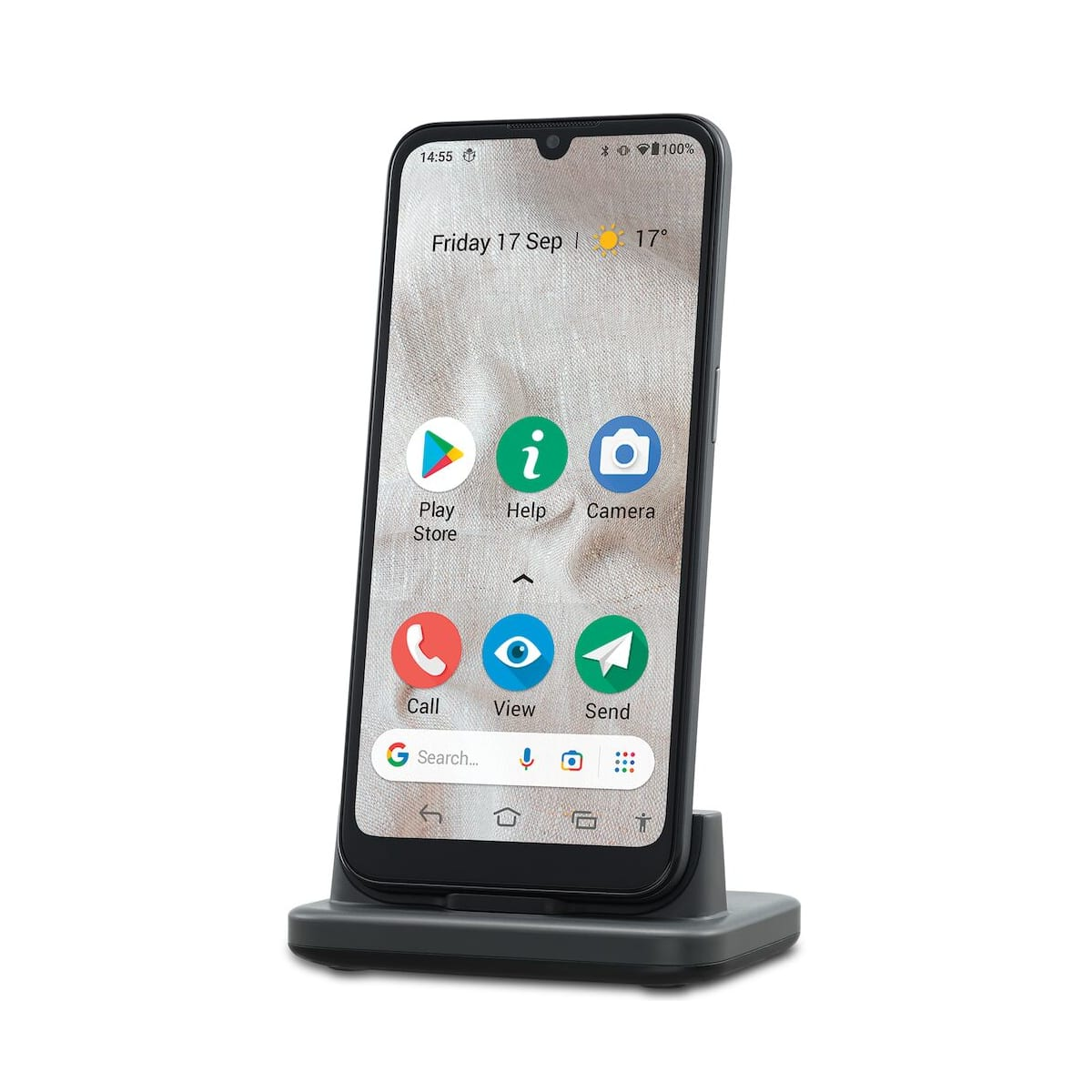 Smartphone nero su supporto. Schermo con icone app. Data e ora in alto.