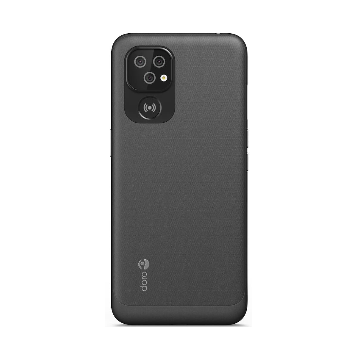 Custodia per telefono Doro nera con modulo fotocamera e simbolo di ricarica wireless.