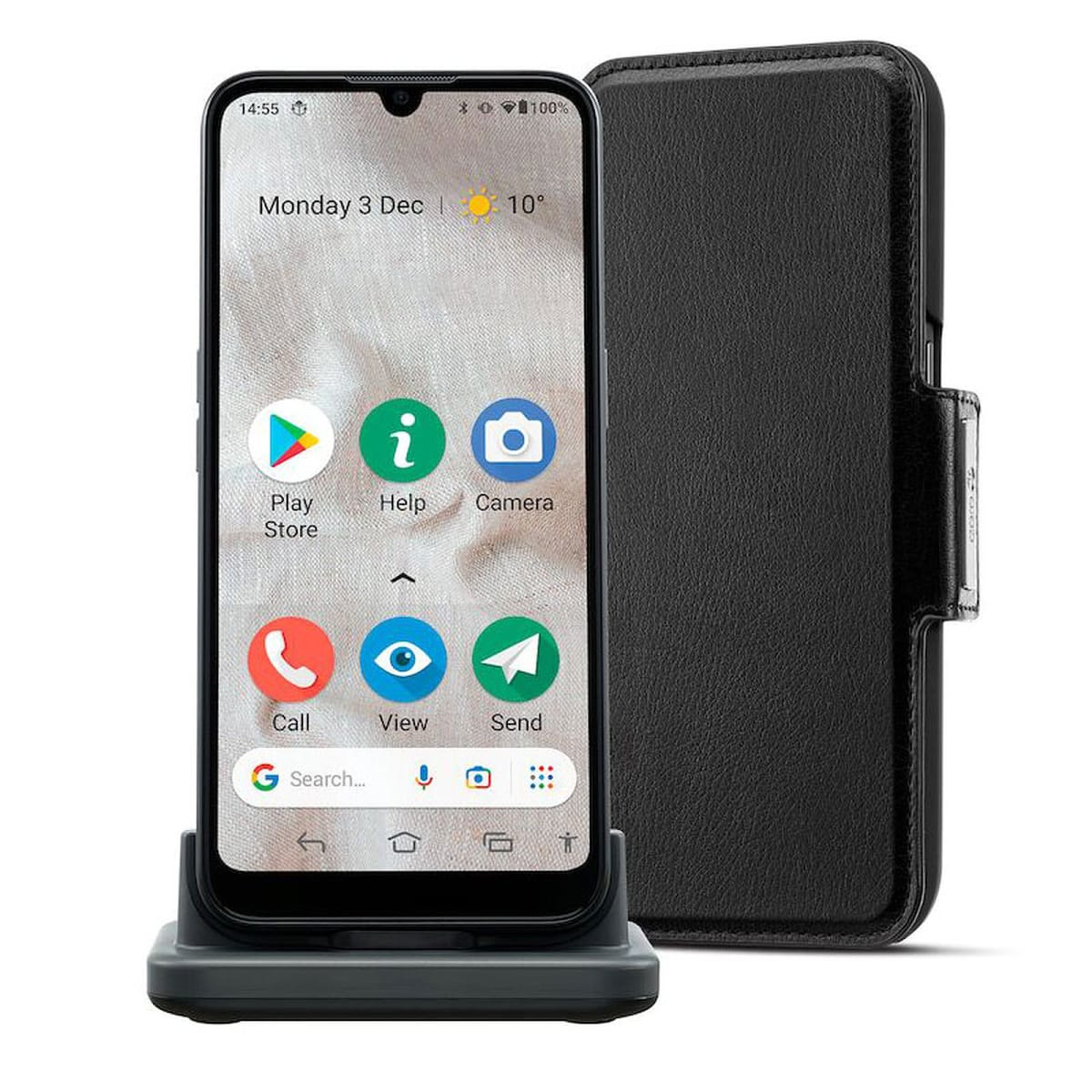 Smartphone su una base di ricarica. Il display mostra icone e ora. Custodia nera sullo sfondo.