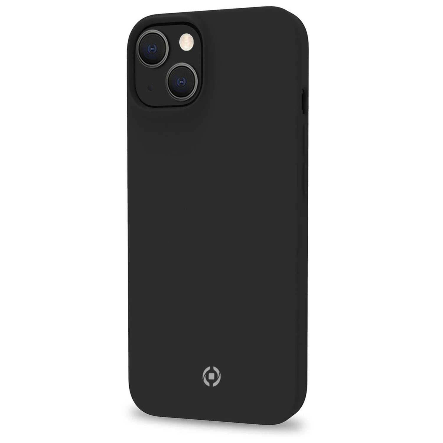 Custodia nera per telefono con ritaglio per fotocamera e logo in basso.