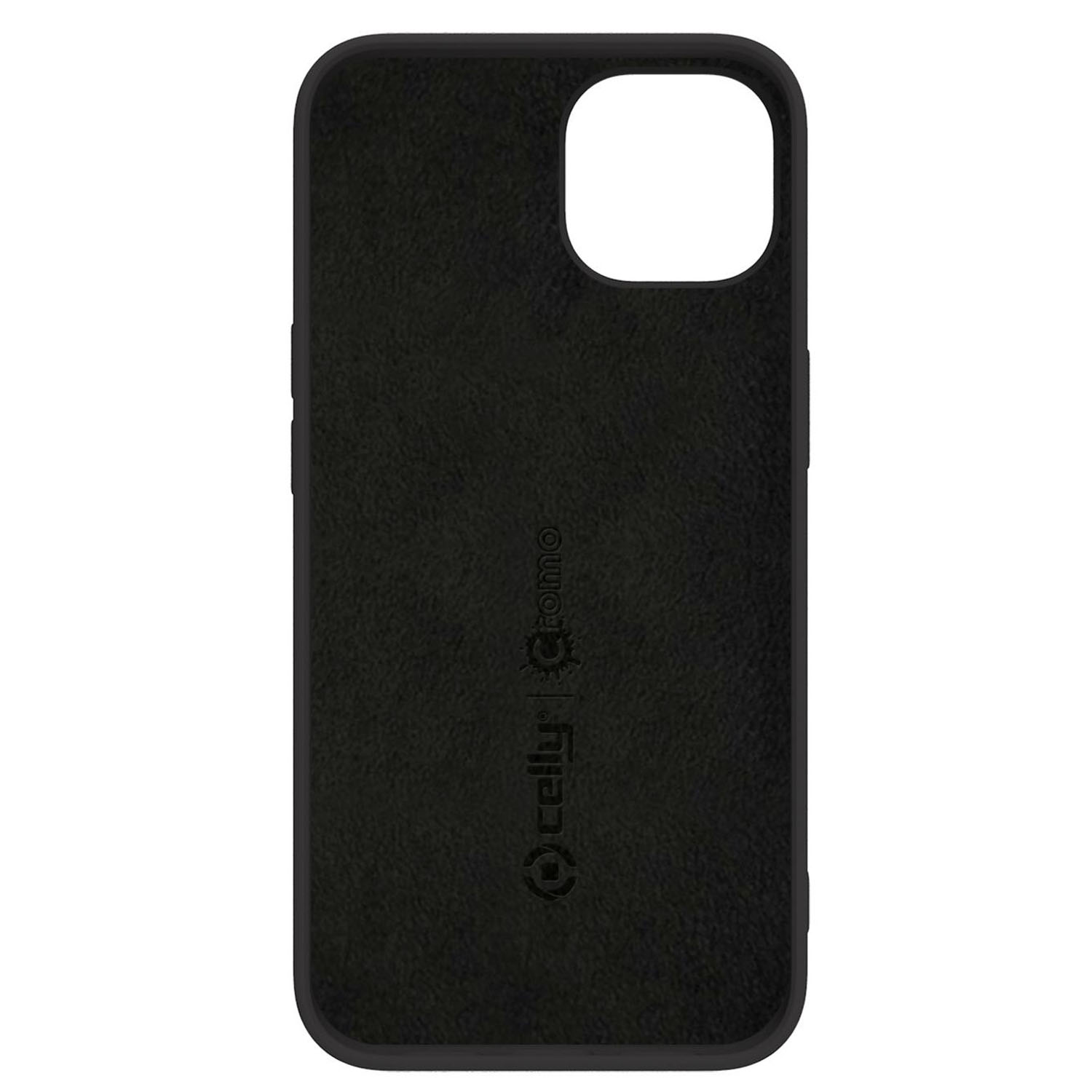 Una cover nera per telefono, con superficie testurizzata, foro per fotocamera e logo Celly Cromo.