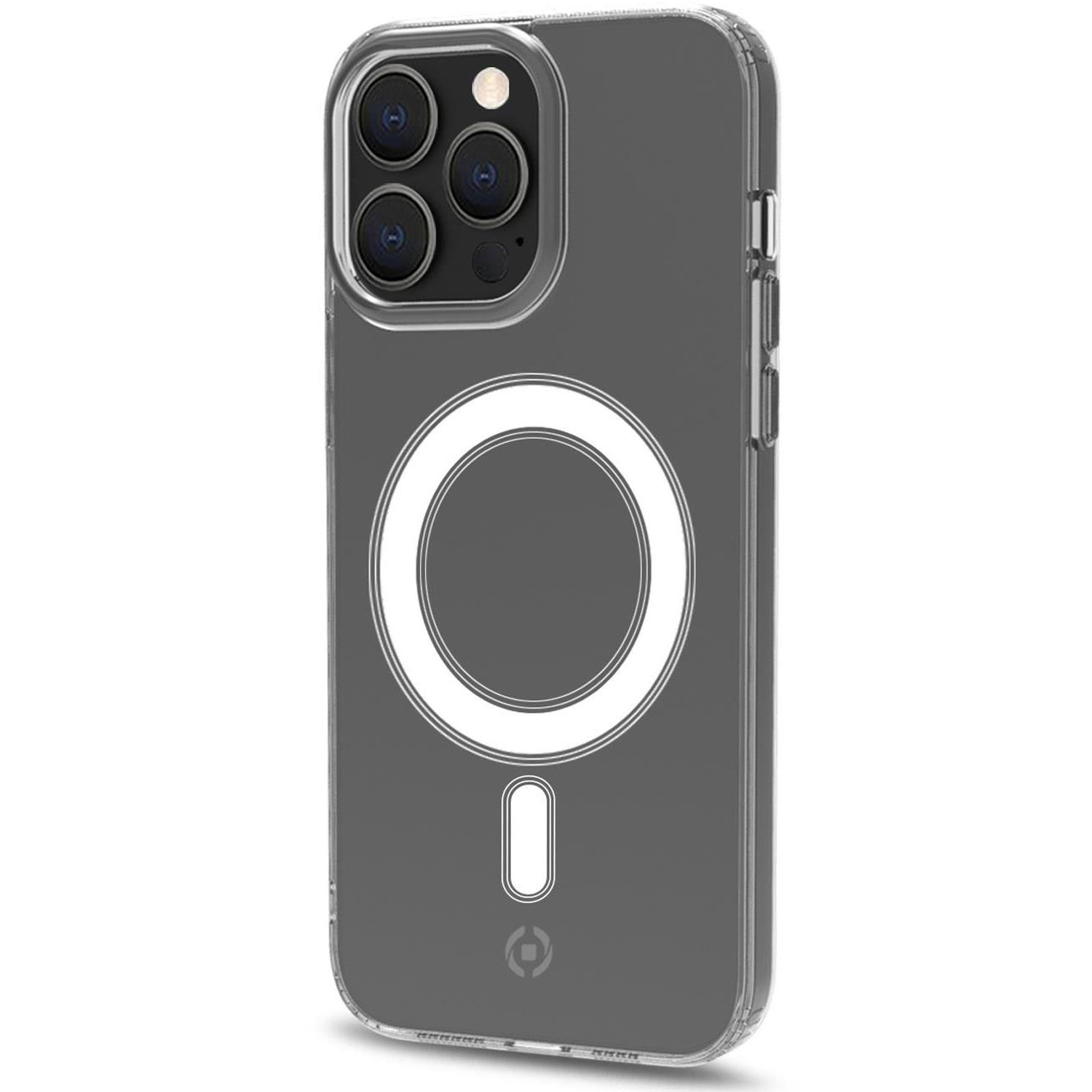 Custodia trasparente con design MagSafe circolare bianco. Telefono grigio visibile attraverso la custodia.