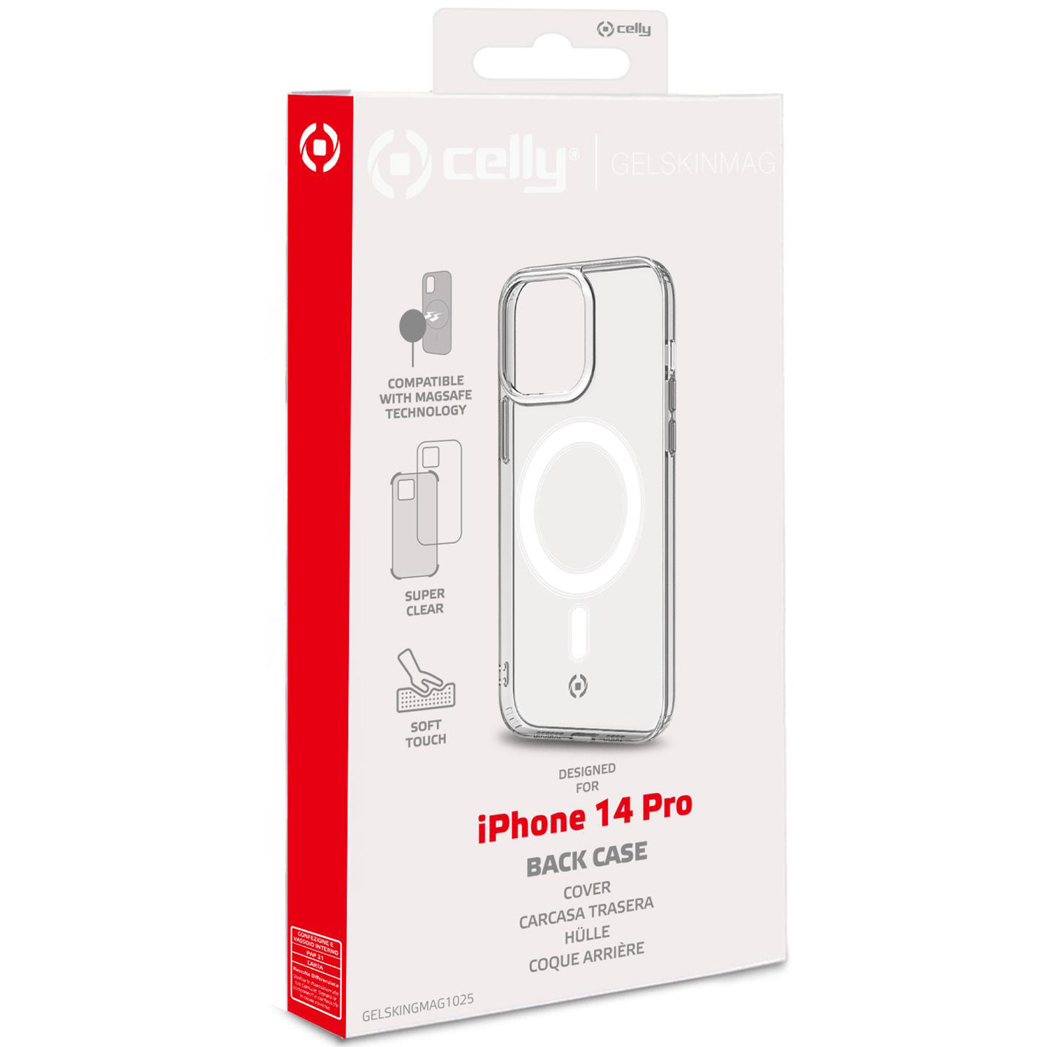 Custodia posteriore per iPhone 14 Pro in una scatola. Custodia trasparente con tecnologia MagSafe.