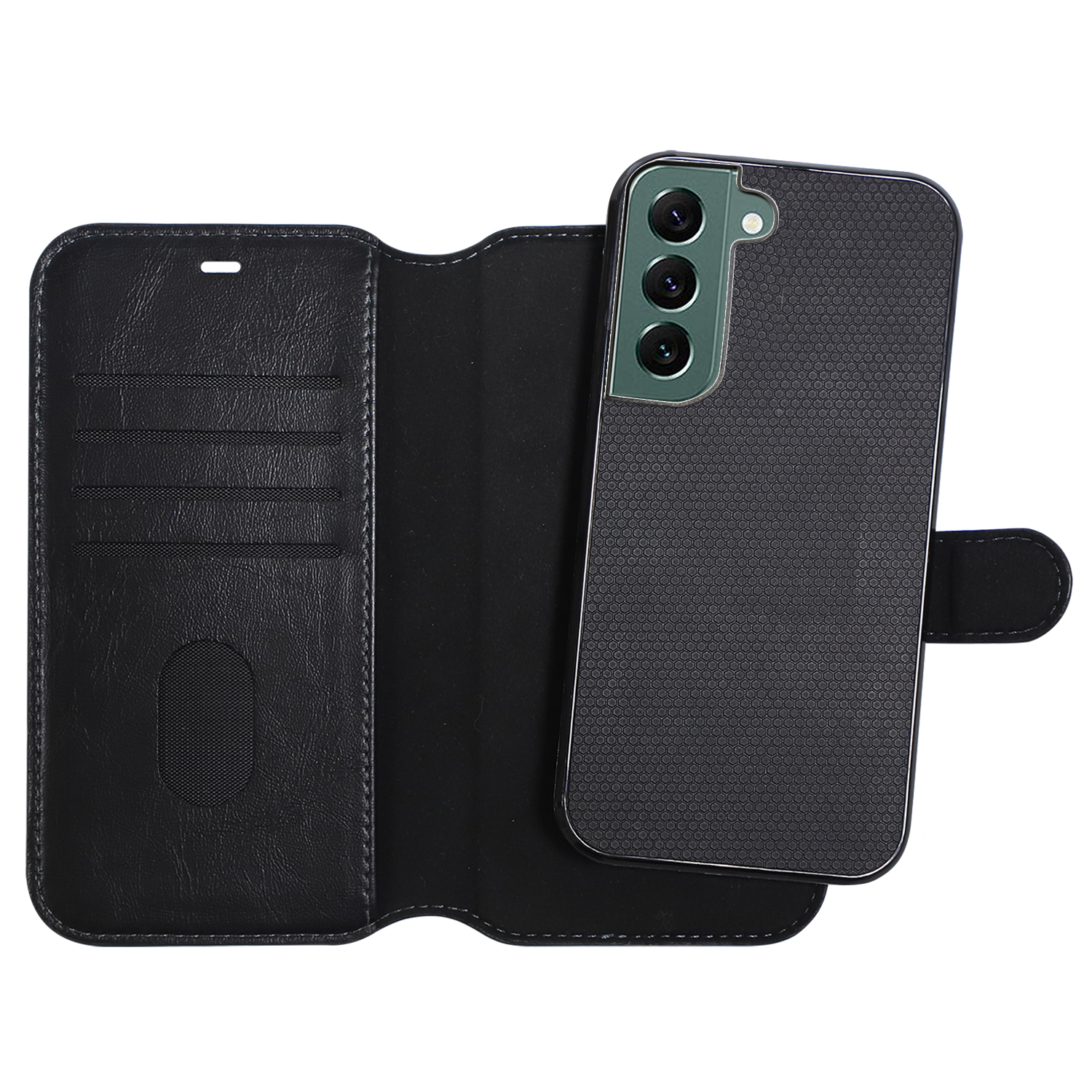 Eine schwarze Handyhülle mit einer schwarzen Lederbrieftasche. Ein Telefon mit grüner Kameralinse ist sichtbar.