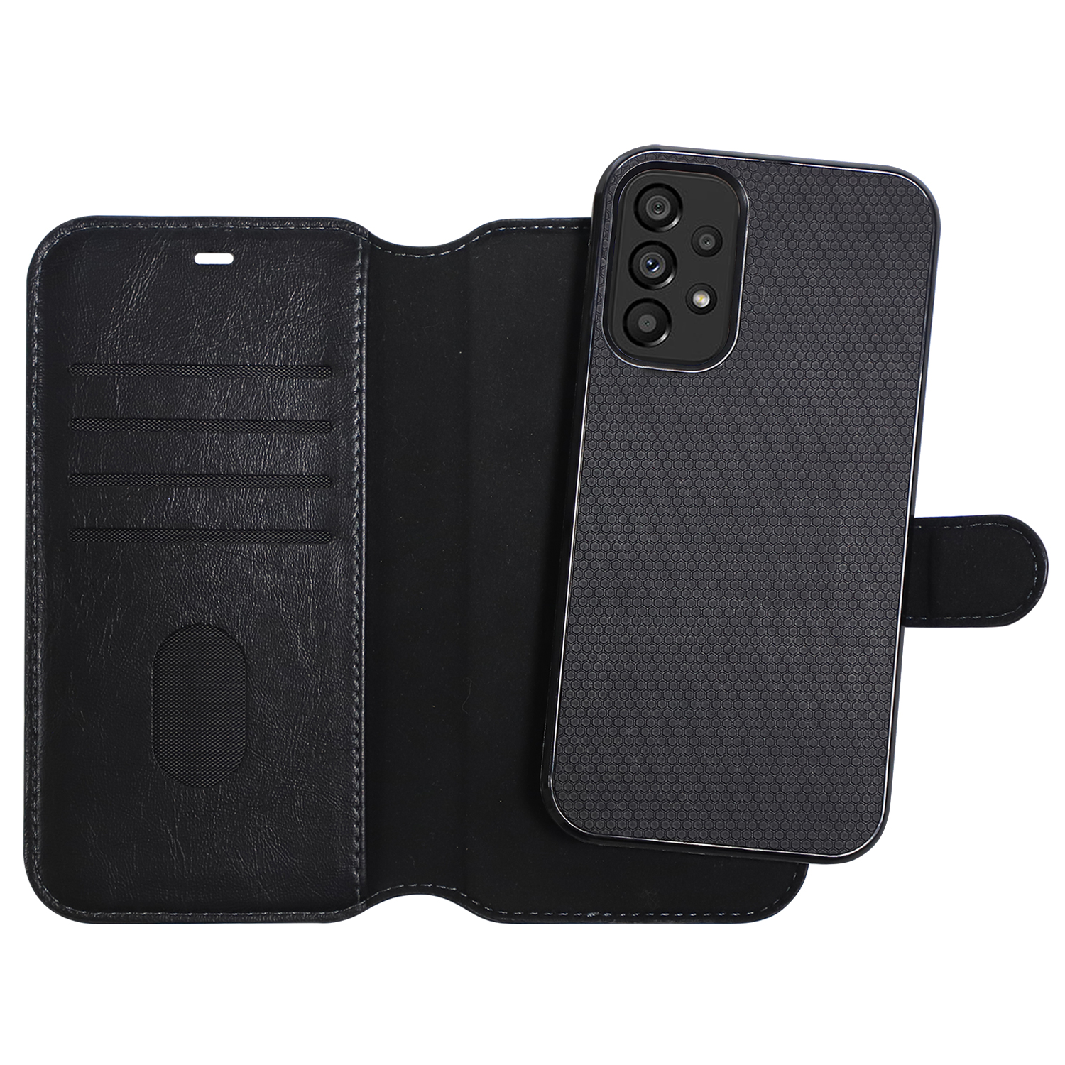 Eine schwarze Handyhülle mit einem Telefon darin. Die Hülle ist geöffnet und hat einen Lederinnenraum.