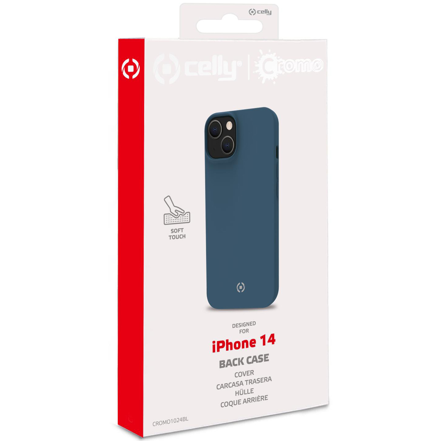 Scatola con una custodia blu per telefono. Il testo indica che si tratta di una custodia soft touch per iPhone 14.