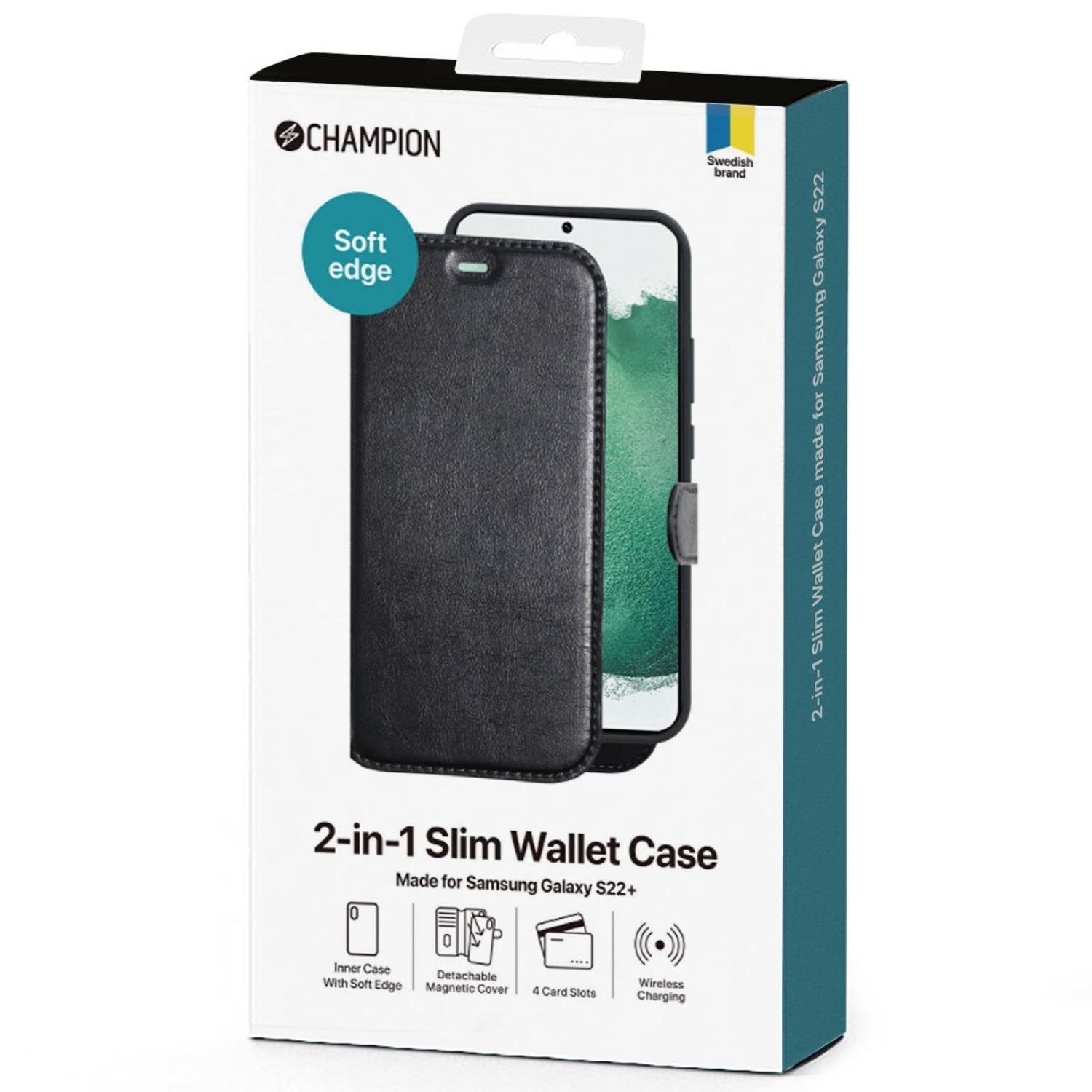 Verpackung für eine 2-in-1 Slim Wallet Case, schwarz, mit abgebildetem Handy und Kartenfächern.