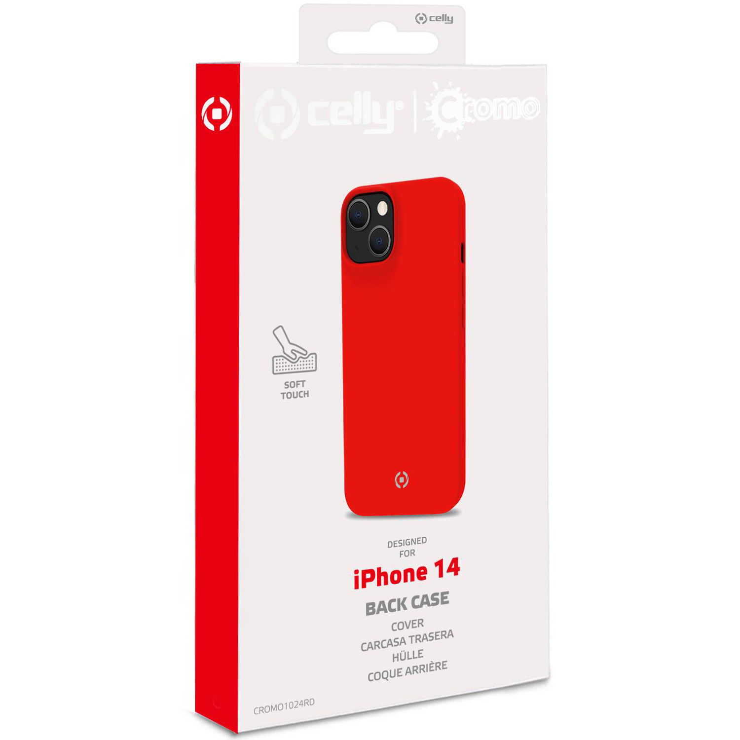 Custodia posteriore rossa per iPhone 14 in una scatola bianca. La scatola contiene testo e il logo del marchio.