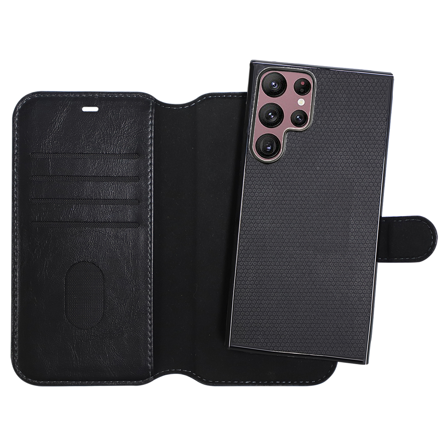 Eine schwarze Handyhülle mit einem Telefon darin, das eine Multi-Objektiv-Kamera und eine Klappe zeigt.